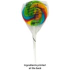 A colorful swirl lollipop wrapped in plastic with ingredients printed on the wrapper.