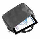 A black zippered bag with a tablet partially visible inside.