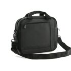 Black laptop bag with shoulder strap and front zippered pocket on a white background.