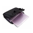 A silver laptop partially inside a black carrying case with handles.