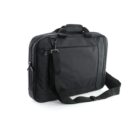 A black laptop bag with a shoulder strap, sitting on a white background.