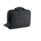 A black laptop bag with a shoulder strap and carrying handle on a white background.