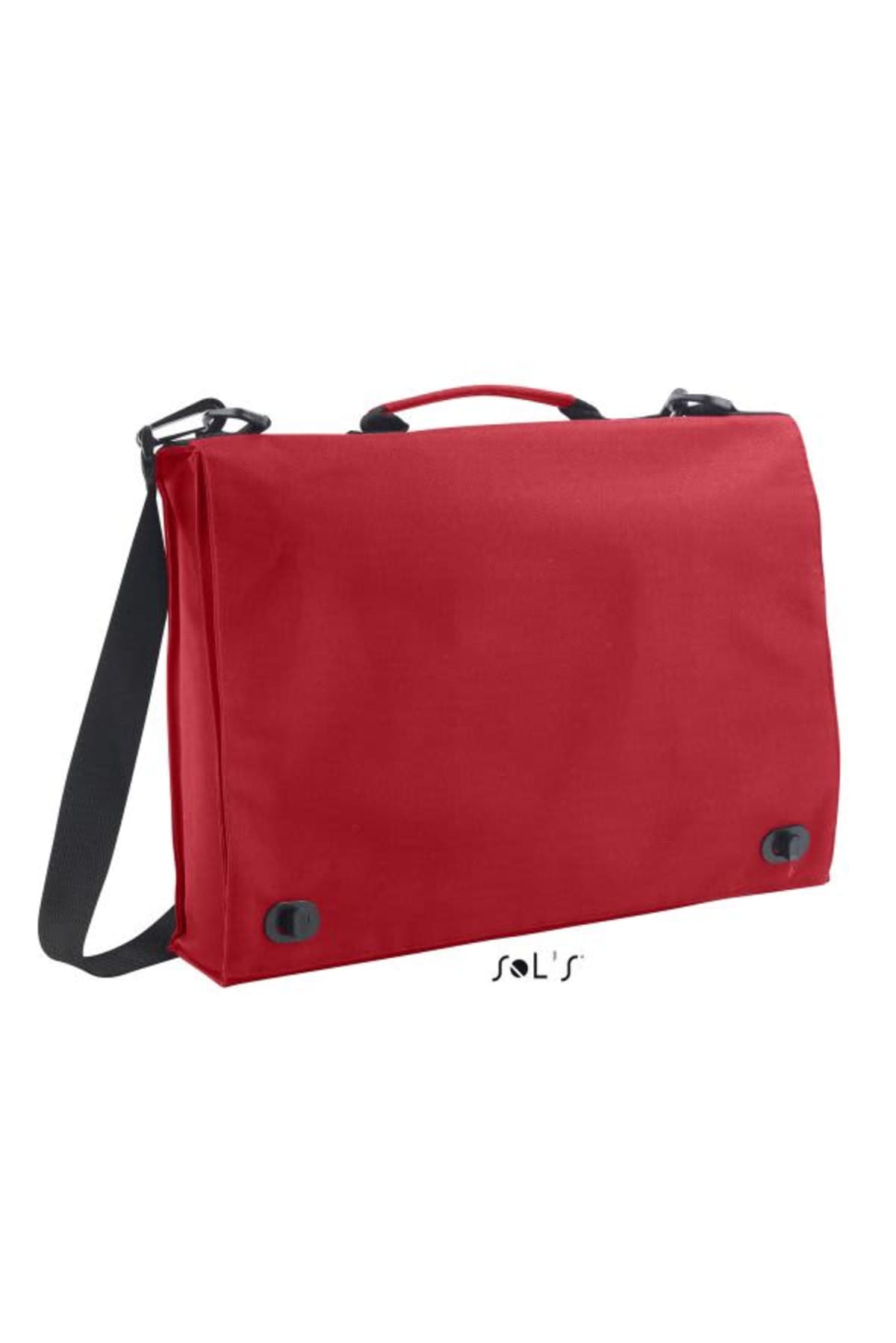 Red messenger bag with black shoulder strap and handle, on a white background.