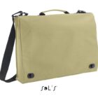 Beige messenger bag with black shoulder strap and handle, displayed on a white background.