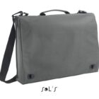 A gray briefcase with a shoulder strap and handle on a white background.
