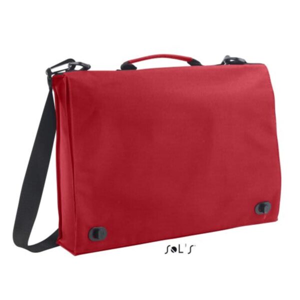 Red messenger bag with black shoulder strap and handle, closed with two button clasps.