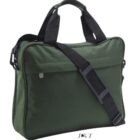 Dark green laptop bag with black handles and an adjustable shoulder strap.