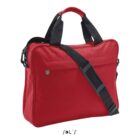 Bright red fabric briefcase with black handles and a shoulder strap, on a white background.