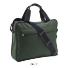 Dark green shoulder bag with black straps and a front pocket, shown on a white background.