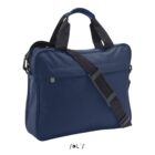 Navy blue laptop bag with black handles and shoulder strap on a white background.