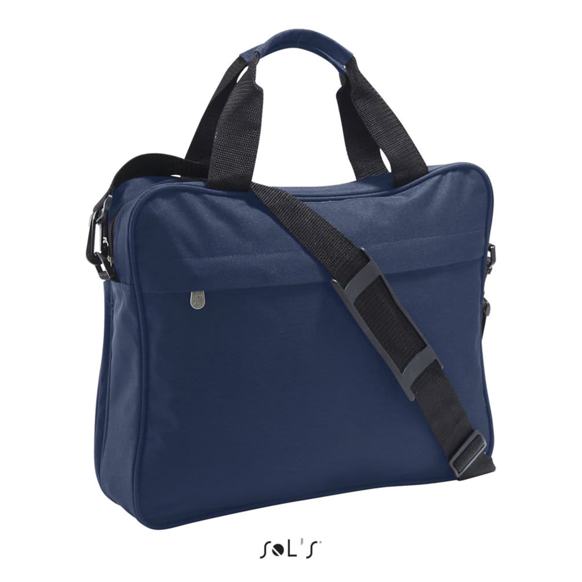 Navy blue laptop bag with black handles and shoulder strap on a white background.