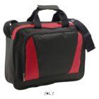 Black and red shoulder bag with handles and a front zipper pocket on a white background.