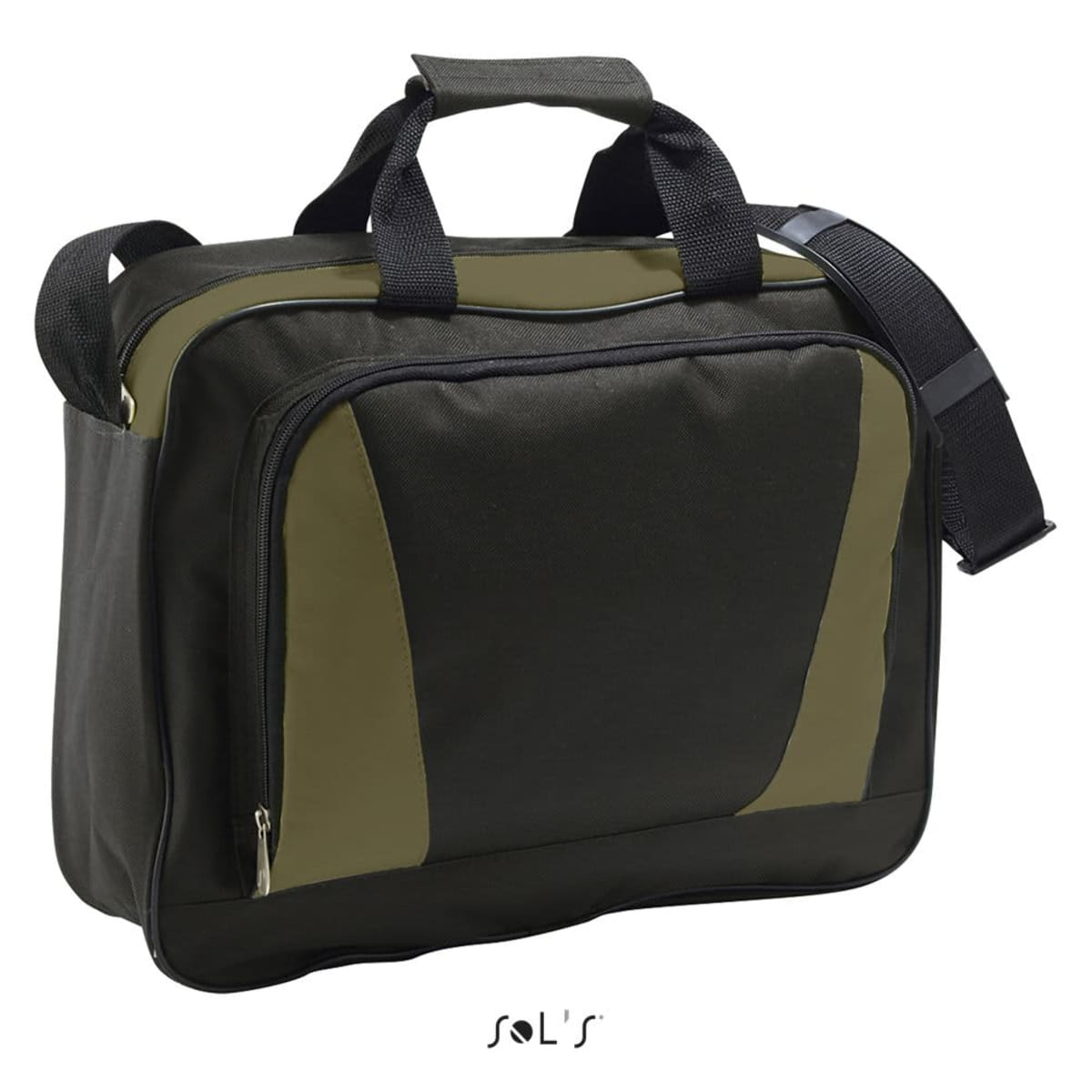 A black and olive green laptop bag with handles and a shoulder strap.