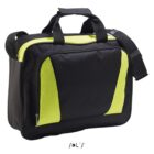Black and green messenger bag with shoulder strap and front zipper pocket, on white background.