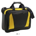 Black and yellow messenger bag with handles and a shoulder strap on a white background.