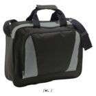 Black and gray messenger bag with handles and adjustable shoulder strap on a white background.