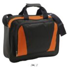 Black and orange shoulder bag with handles and a front zippered pocket.