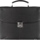 Black leather briefcase with a handle and front clasp, shown against a white background.