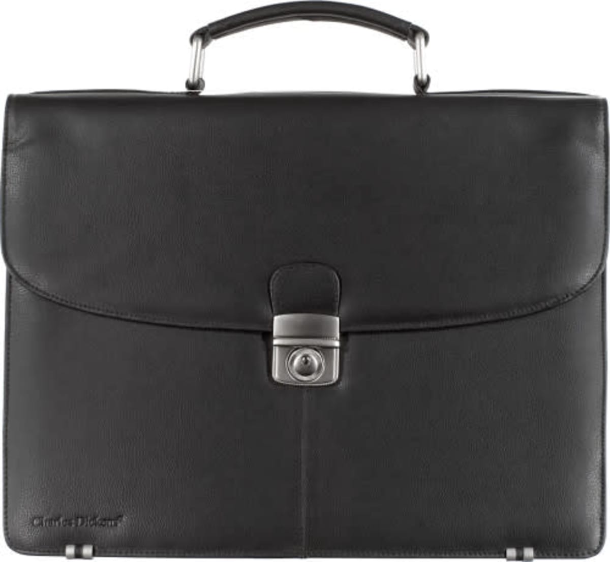 Black leather briefcase with a handle and front clasp, shown against a white background.