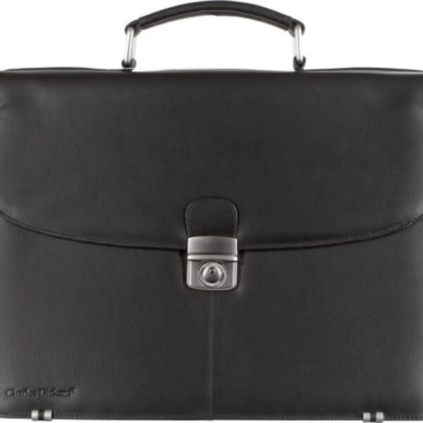 A black leather briefcase with a handle and a metal clasp on the front.