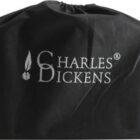 Black fabric bag with Charles Dickens logo and a quill icon printed in white.