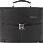 Black leather briefcase with a handle and metal clasp, featuring space for a logo.