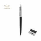 Black and silver Parker pen with box and Parker logo on a white background.
