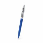 Blue and silver retractable ballpoint pen on a white background.