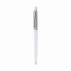 A white retractable ballpoint pen with a silver clip on a white background.