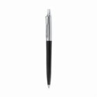 A black and silver retractable ballpoint pen on a white background.