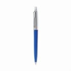 A blue and silver retractable ballpoint pen on a white background.