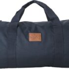 A black duffel bag with handles and a brown patch on the front.