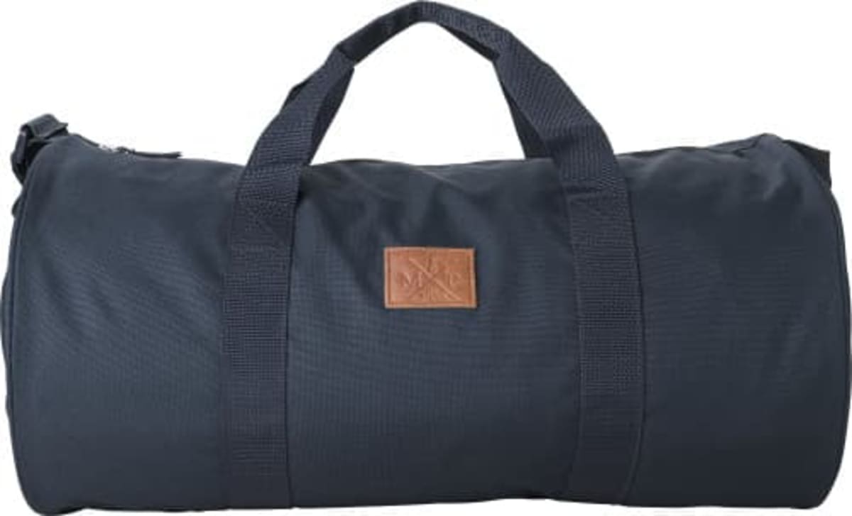 A black duffel bag with handles and a brown patch on the front.
