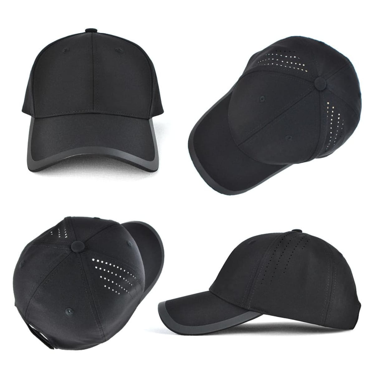 Four angles of the Swift Reflex Hat, a black cap with side vents.