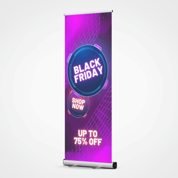 Budget Pull-up Banners: Black Friday, Shop Now, Up to 75% Off, purple background.