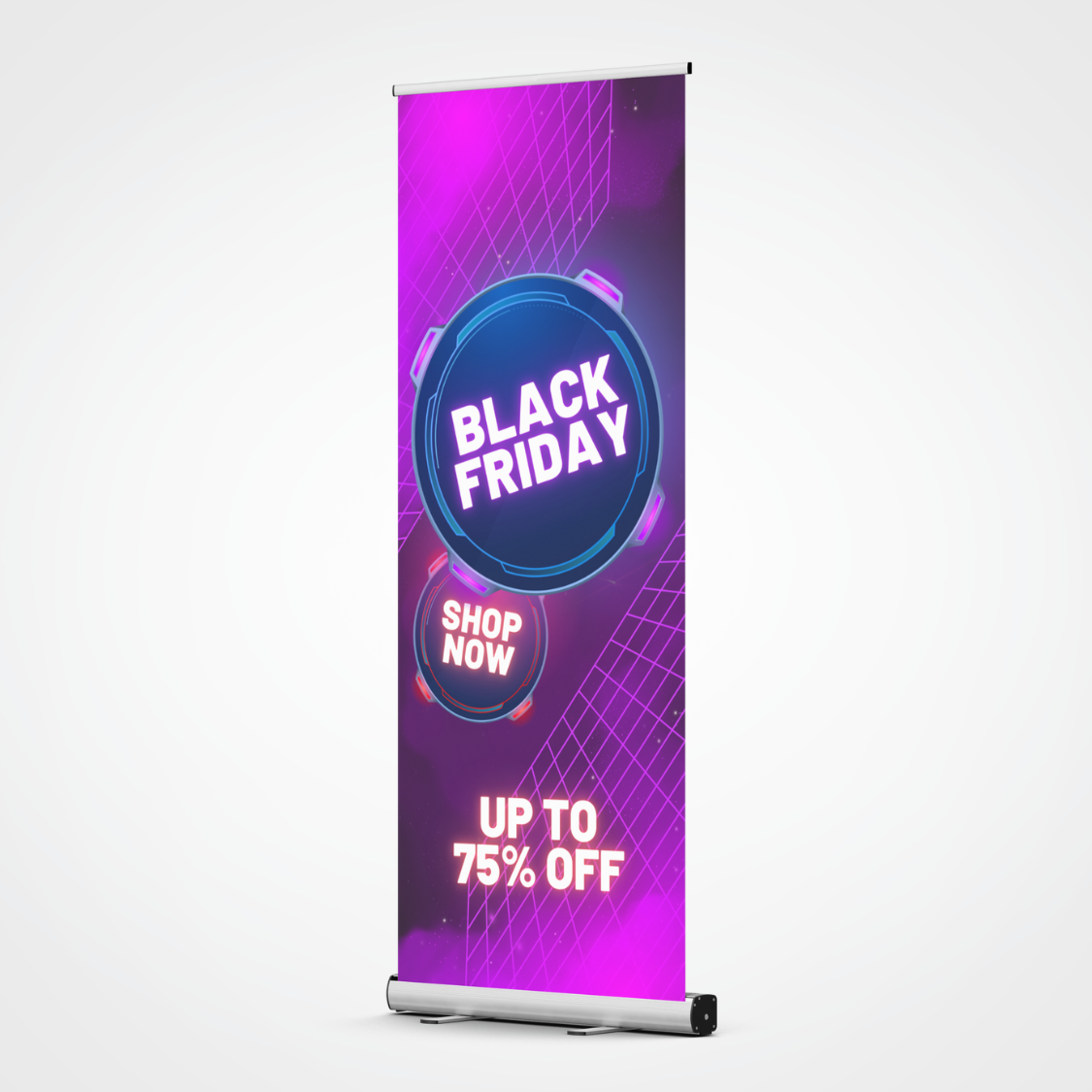 Budget Pull-up Banners: Black Friday, Shop Now, Up to 75% Off, purple background.