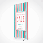 Budget Pull-up Banner with colorful stripes, Mid-Season Sale up to 50% off—Shop Now!.