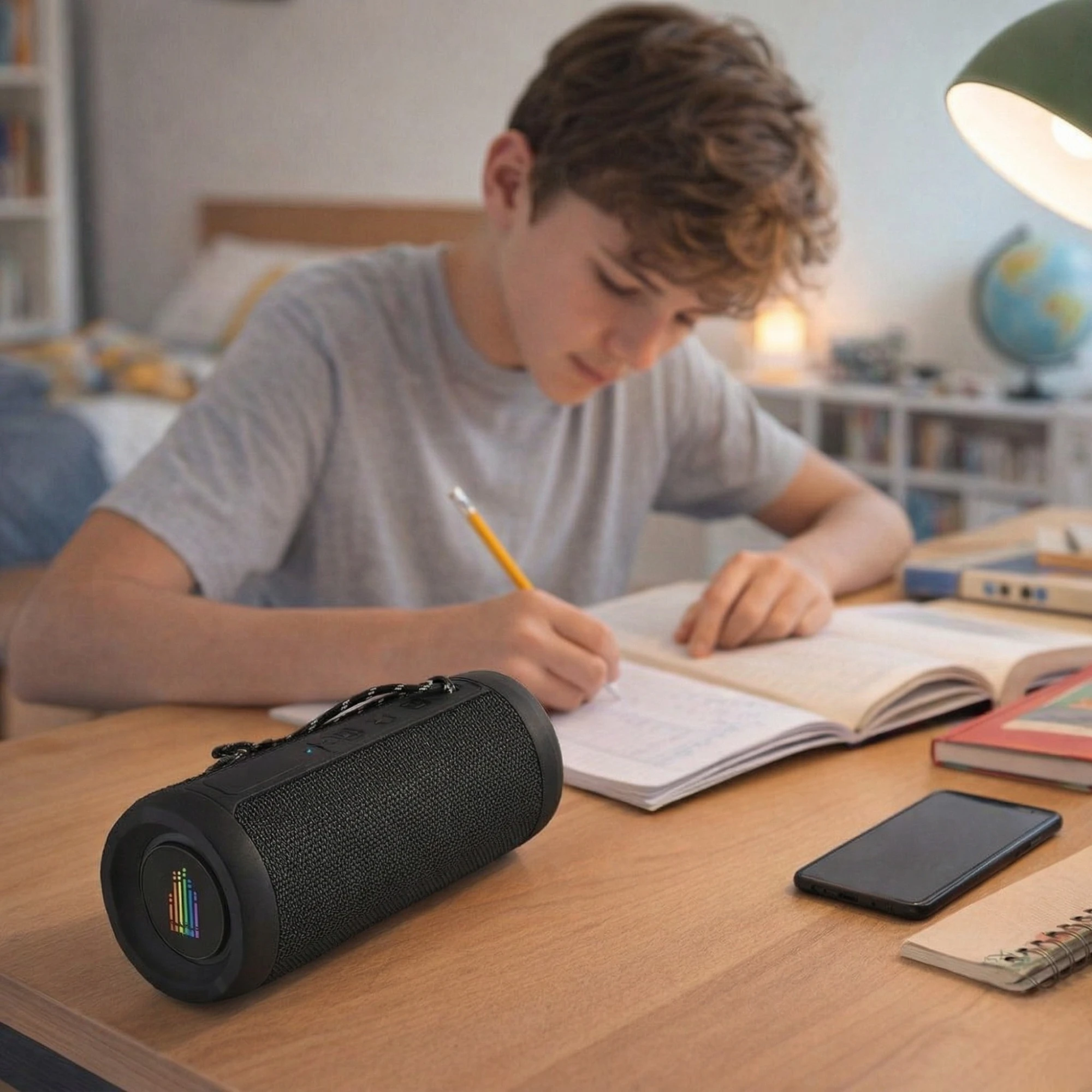 A boy studies at a desk with Black Bluetooth Speakers, his smartphone, and a lamp nearby.