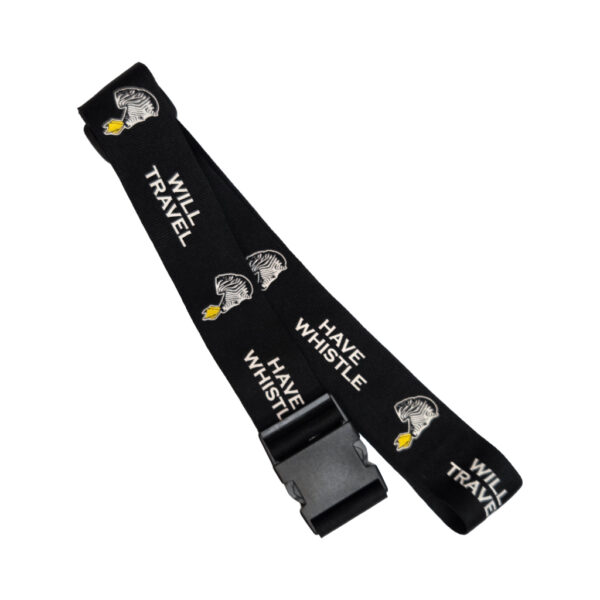Black lanyard with zebra, whistle, and WILL TRAVEL HAVE WHISTLE print