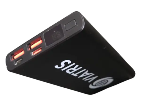Black power bank with digital display, three USB ports