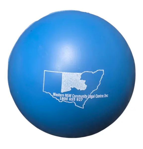 blue stress ball with logo printed in white