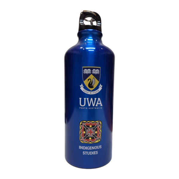 blue stainless steel bottle with UWA logo