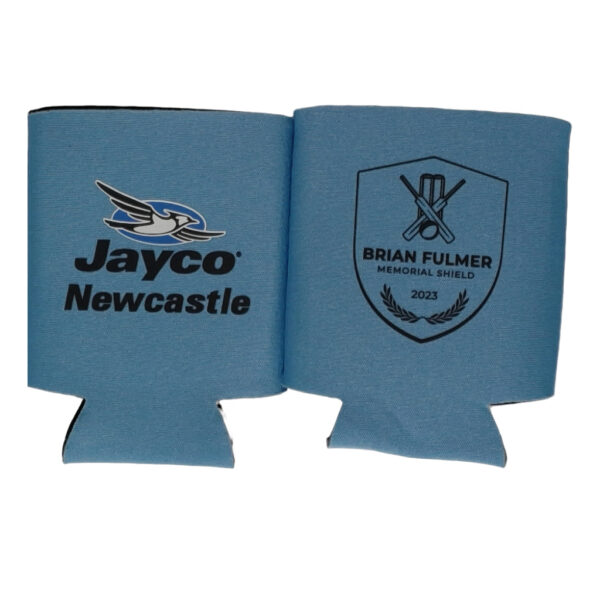 blue stubby cooler printed with black jayco newcastle logo