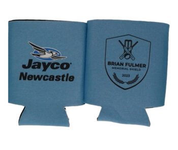 blue stubby cooler printed with black jayco newcastle logo