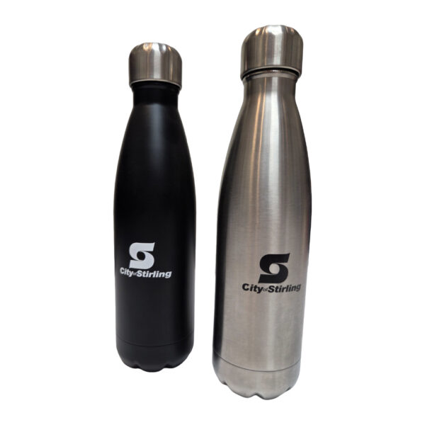 black and grey bottles printed with city of stirling logo