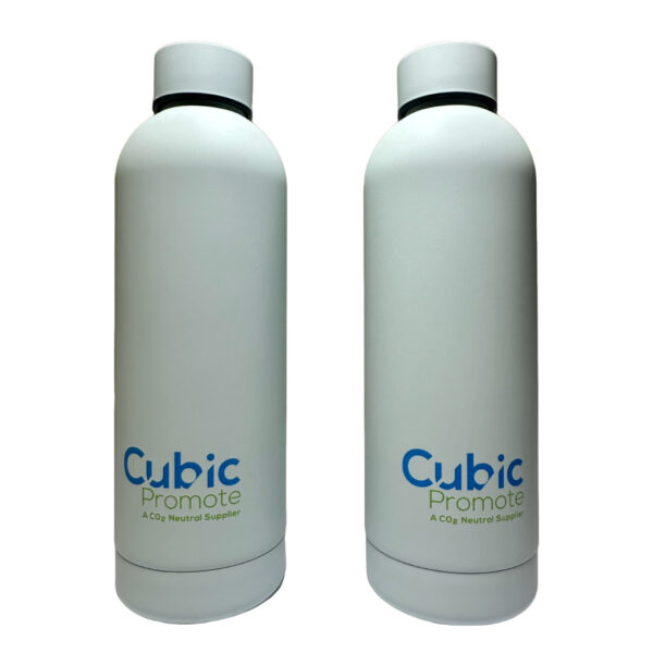 Two white personalised bottles with Cubic Promote logo