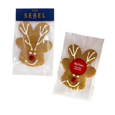 Full Colour Billboard Gingerbread Reindeer 50g cookies, each in a clear gift bag.