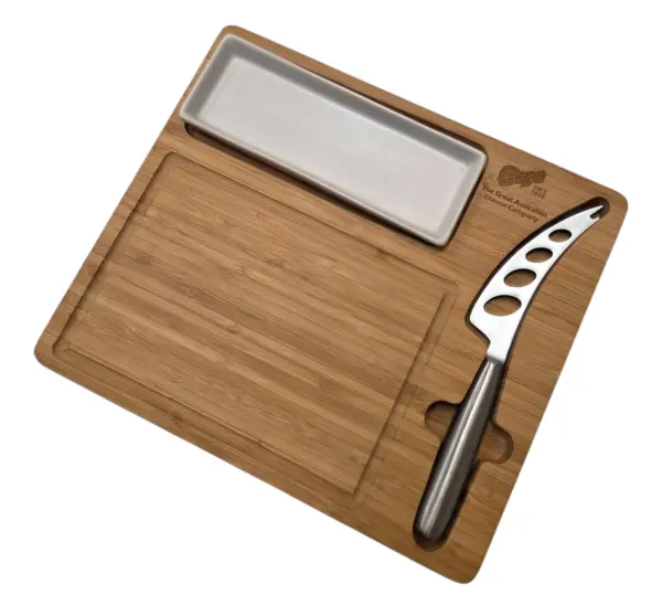 Bamboo cheese board with plate and knife