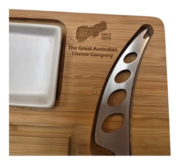 Bamboo cheese board with Bega logo