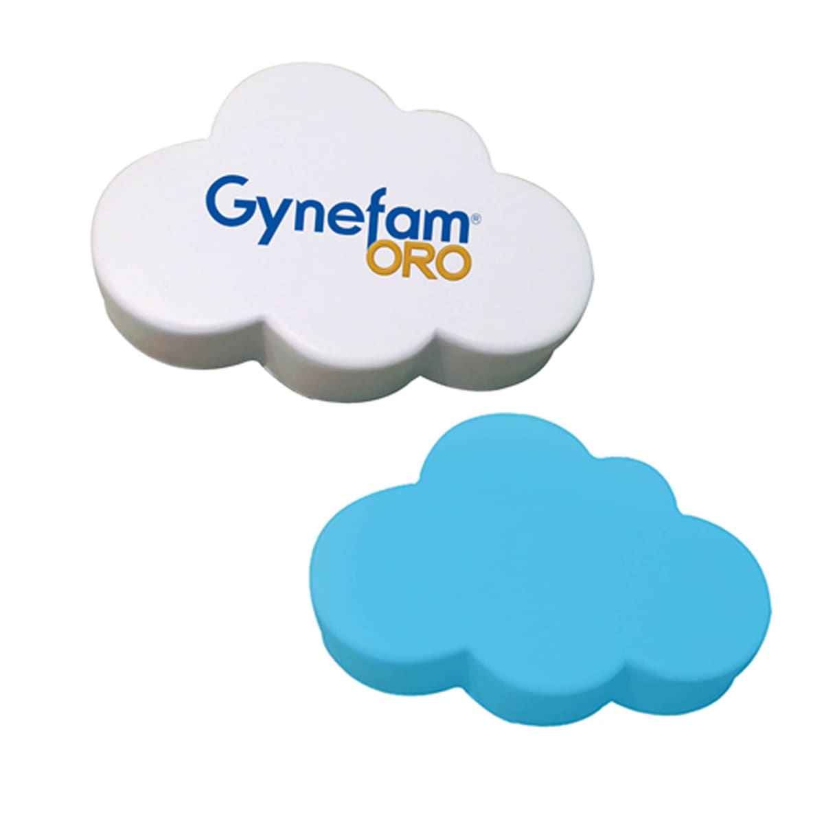 Cloud-Shaped Stress Relievers: one white with Gynefam ORO and one plain blue.